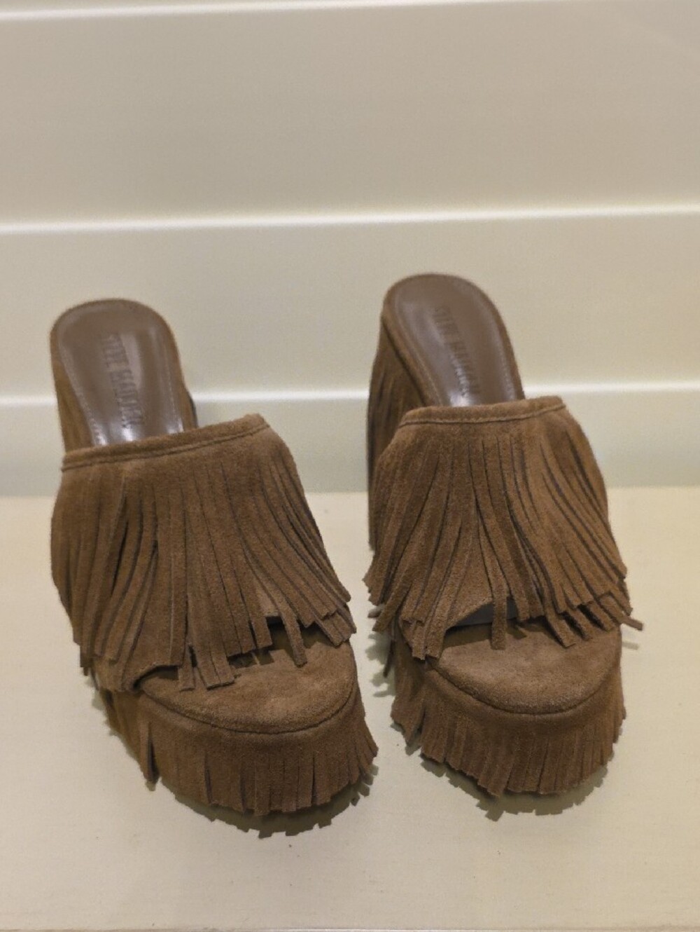 New Brown Suede Fringe Platform Mules - Picture 2 of 6